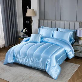 Silk Like Blue Comforter Set with Sheet Sets Queen 8 Pieces Satin Bedding Silky Bed-in-a-Bag Luxury Hotel Light Blue with 1 Cushion Cover