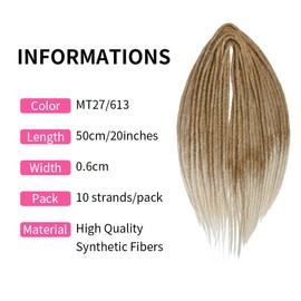 Dsoar 10 Strands/Pack Synthetic Dreadlocks Extensions Thin 0.6 cm Crochet Braided Hair Soft Dreads One-sided Dreadlocks Reggae Hip-Hop Hippie Style (50 cm Double Ended, MT27-613#)