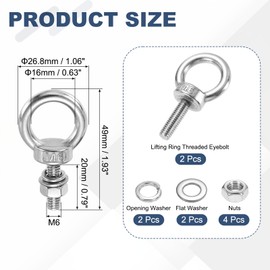 PATIKIL M6 x 20mm Eye Bolt, 2Pcs 304 Stainless Steel Thread Lifting Ring Set Shoulder Eyebolt with Lock Nuts Flat Washers for Hanging Hammocks Articles, Silver