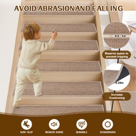 Earcu Stair Treads Non Slip, Rubber Backing Stair Treads for Wooden Steps, 15 PCS Thicken Linen Carpet Stair Runners Indoor for Kids Elders and Pets, No Residue Stair Carpet Treads, 8"x30", Beige