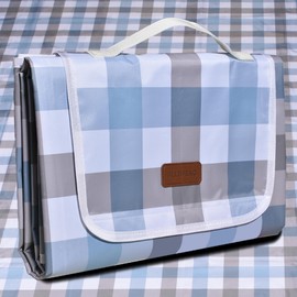 ALLBFENG 80"x60" Waterproof Sandproof Picnic Mat - Portable Foldable Outdoor Blanket for Beach, Park, Travel & Indoor Use - Lightweight Compact Design, Easy-Carry (Blue&Gray)