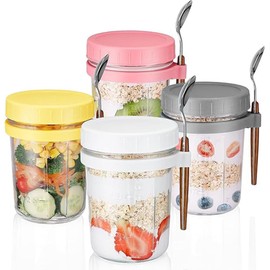 Roysmart Pack of 4 Overnight Oats Jars with Lids, 360 ml Glass Preserving Jars, Measuring Marks, Storage Container with Lid and Spoon, Meal Prep Glasses for Oats, Cereals, Fruit, Milk, Salad, Yoghurt