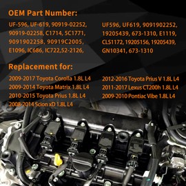 Ignition Coil & Spark Plugs Set of 4 Compatible with Toyota Prius Corolla Matrix Lexus CT200h Pontiac Vibe Scion xD 1.8L L4 Replaces# UF-596, UF-619, 90919-02252, 90919-02258