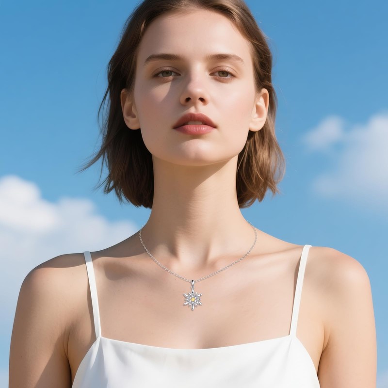 UCADRIT Edelweiss Jewelry Sterling Silver Edelweiss Necklace Flower Pendant White
