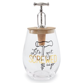 Mud Pie Stopper Set Screwed Up Stemless Wine Glass, 16 oz
