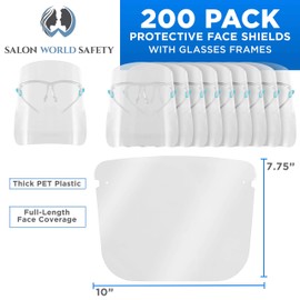 TCP Global Salon World Safety 200 Face Shields with Glasses Frames (20 Packs of 10) - Ultra Clear Protective Full Face to Protect Eyes, Nose, Mouth - Anti-Fog PET Plastic Sanitary Droplet Guard
