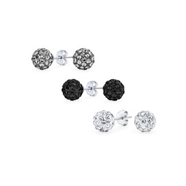 Set of Three Black Silver Clear Pave Crystal Disco Ball Stud Earrings for Women and Teens Round, Simple, Basic Design .925 Sterling Silver 8MM