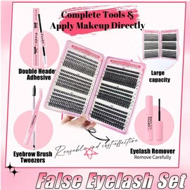 FANDIQ Individual Eyelashes Wispy Lash Clusters Kit 570 Pcs Eyelash Extension Kit D Curl Cluster Lashes 8-16MM DIY Eyelash Extension Kit with Lash Bond and Remover Tweezers Double-Ended Brush(A01 KIT)