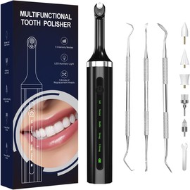 Electric Teeth Whitening Tools Plaque Tartar Polishing Cleaning Kit with LED Light 5 Speed Modes with 5 Replacement Brush Heads (Black)