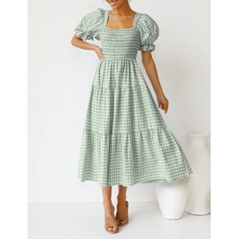 ZESICA Women's 2024 Bohemian Summer Plaid Square Neck Puff Sleeve Ruffle Flowy Beach Midi Dress,Green,Small