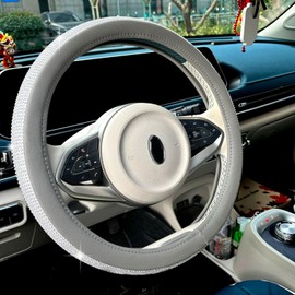 Full Sparkly Rhinestone car Steering Wheel Cover Universal Leather Steering Wheel Cover Auto Car Styling Interior Decor Accessories (Gray Leather+White Diamond)
