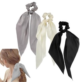 TUDOUZZZ Silk Scrunchie Large Ribbon Hair Elastic Stylish Hair Accessories, Hair Ornament, Black, Gray, Off-White, Set of 3, Simple, Elegant, Hair Arrangement, Compatible with Long Hair