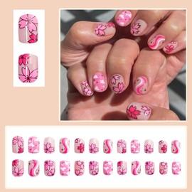 Press on Nails Short Square 24Pcs Glossy Full Cover Acrylic Square Cute False Nails with Floral Designs Reusable Short Coffin Fake Nails with Charm Glue Stick on Fingernails for Women Girls