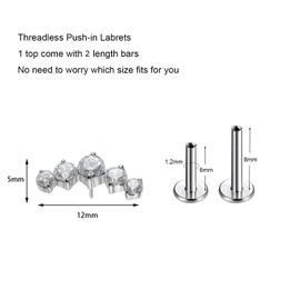 BelezaDosas G23 - Piercing de titanio para labrete, sin rosca, circonita cúbica, ajuste a presión, 16G, 6 mm, 8 mm, 10 mm, tragus, hélice, medusa, cartílago, empuja, para hombres y mujeres, Pequeño,