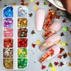 1 Box 12 Color Holographic Fall Leaf Nail Glitter Hexagonal