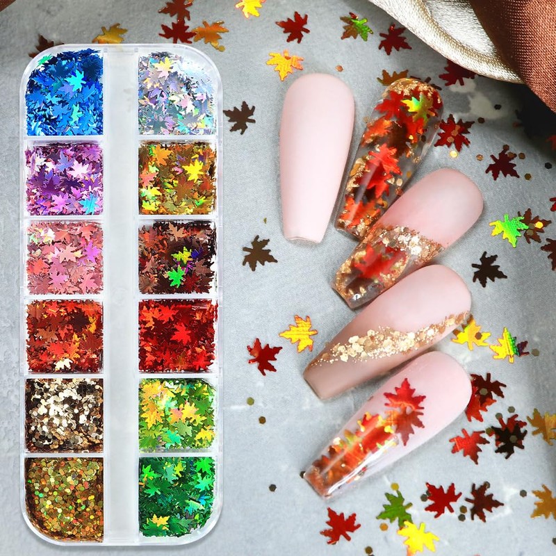 1 Box 12 Color Holographic Fall Leaf Nail Glitter Hexagonal