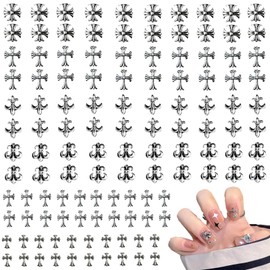 Nayyana® 120pcs 3D Cross Nail Charms Chrome Nail Charms Cross Charms for Nails Metal Cross Nail Charms 3D Nail Charms Vintage Silver Punk Chrome Heart Nail Charms