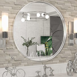 TokeShimi Round Mirror 24 Inch Brushed Silver Round Bathroom Mirror for Wall Non-Rusting Aluminum Alloy Brushed Silver Matte Metal Frame Modern Circle Mirror Fit in Minimalist Multi Style Home Decor