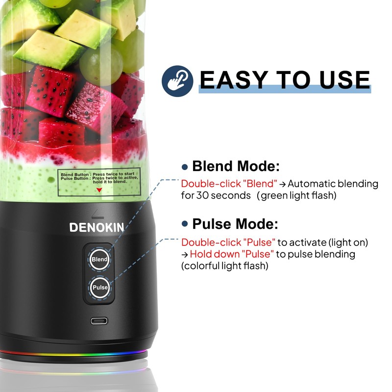 DENOKIN Portable Blender Cordless, 20oz Vessel Personal Blender for Shakes