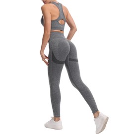 JOJOANS Women's 2 Piece Seamless Tracksuit Set Gym Workout Yoga Outfit Casual Loungewear Racerback Sports Bra and High Waist Leggings (Grey, XL)