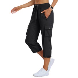 MoFiz Women's Cargo Capris Lightweight Hiking Pants Quick Dry Outdoor Athletic Travel Casual Shorts Loose Zipper Pockets Black L