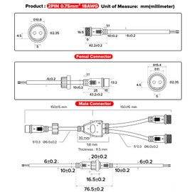HaoDuoQian 2 Core 2Pin Led Connector 18AWG Big Size IP65 Y Shape 1 Male Divided 2 Female Splitter Connector Black Plastics 0.75mm²/18AWG 22mm Nut