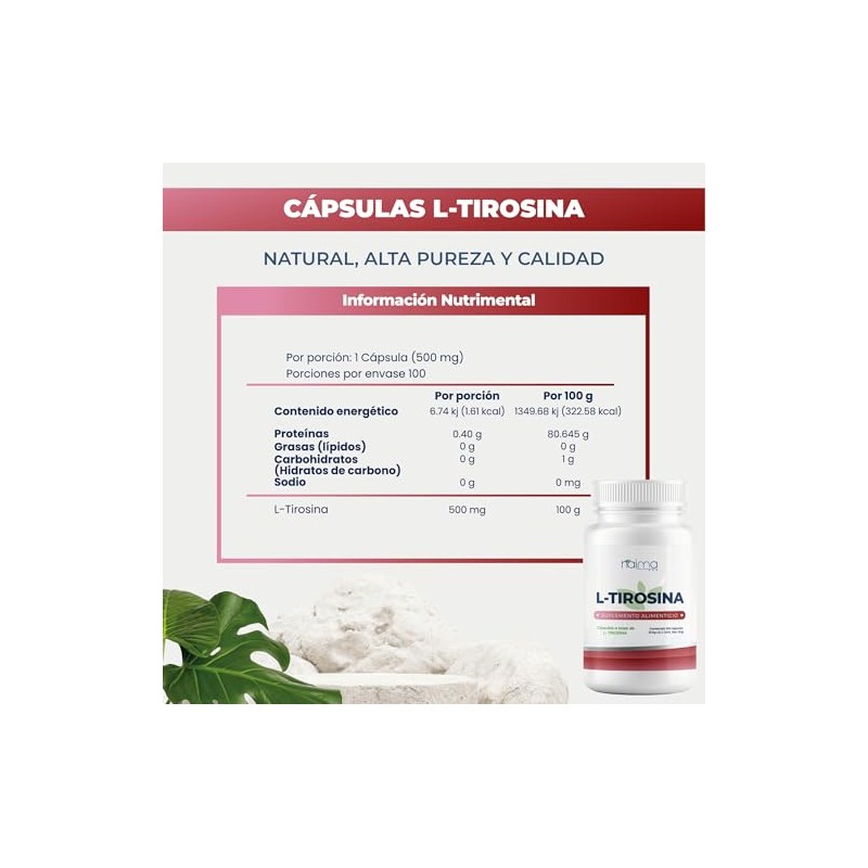 NAIMA L-Tirosina, 100 Cápsulas | Suplemento Alimenticio 100% Puro y