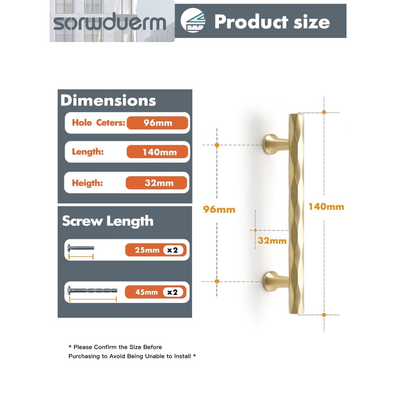 SORWDUERM Brushed Gold Cabinet Pulls 2 Pack 96MM Hole Center