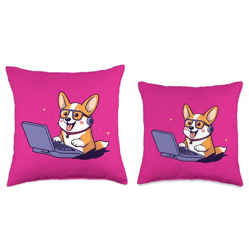 Cute Corgi on Computer Throw Pillow