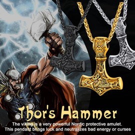 U7 Viking Rune Jewelry Vintage Black Celtic Knot Mjolnir Thor's Hammer Pendant Necklace for Men