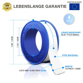 CZ Store Teflon Tape, 10 m, 12 mm Wide, 4 Rolls, Waterproof Tape, Resists Moisture, Atmospheric Acids, Extreme Temperatures, Sanitary Sealing Tape