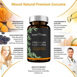 Mount Natural High-Potency Turmeric Capsules - Vegan Turmeric Powder + 95% Curcumin Extract (Corresponds to Approx. 10.000 mg/day) + Bioperine Piperin - Laboratory Tested and Made in Germany