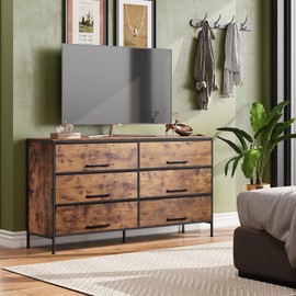 WLIVE 6 Drawer Dresser for Bedroom Large, Fabric Wide Dresser TV Stand for 55, 60, 65, 70 inch TV, Big Long Chest of Drawers with Deep Drawer for Closet, Bedroom, Living Room, Hallway, Rustic Brown
