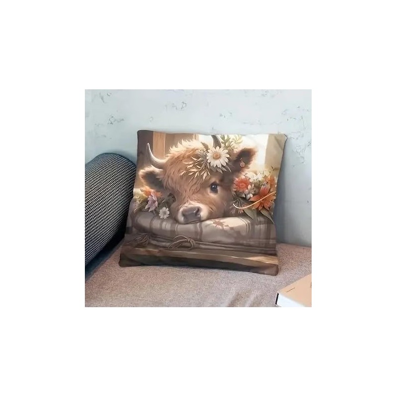 Highland Cow Floral Decorative Throw Pillow Cover, 45 x 45