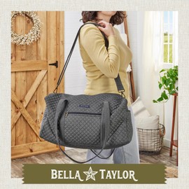 Bella Taylor Quilted Duffle Bag for Women, Large Carry On Travel Weekend Bag, Quilted Cotton Midnight Dark Denim