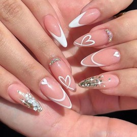 24Pcs Valentine's Day Heart Press on Nails French Tip Fake Nails Long Almond with Rhinestones Design French False Nails Full Cover Heart Glue on Nails Glossy Nails Nail Decoration for Women