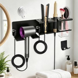 Yimerlen Hair Dryer Holder Wall Mounted, 3-in-1 Hair Tool Organizers Wall Mount, Stroage Rack for Blow Dryer, Curling Iron and Straightener, Hot Tools Organizer for Bathroom