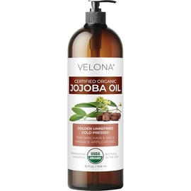 velona Jojoba Oil USDA Certified Organic - 32 oz (With Pump) | 100% Pure and Natural Carrier Oil| Golden, Unrefined, Cold Pressed, Hexane Free | Moisturizing Face, Hair, Body, Skin Care, Cuticles……