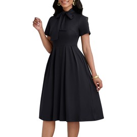 FANDEE Women's Elegant Casual Short Sleeve A-line Semi Formal Fit and Flare Dress Classy Tie Neck Work Party Dress Black