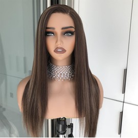 mytonecoo Wear and Go Glueless Wigs Pre Plucked Pre Cut Layered Straight Light Brown with Honey Blonde Highlights Synthetic Lace Front Wig for Women 4/27 Side Part 18 Inch