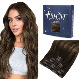 Fshine Balayage Extensions, Real Hair Clip, Dark Brown, Silky Straight Hair Extensions, 120 g, 45 cm, Hair Extension Clips, 7 Pieces, Dark Brown to Maroon, Balayage, Extensions