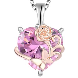 YL Pink Heart Necklace 925 Sterling Silver Butterfly Pendant Chain 12 Birthstone Cubic Zirconia Necklace Jewellery Gifts for Women Mother Girlfriend Her, Silver, Cubic Zirconia