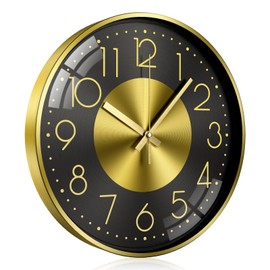 TOKTEKK Wall Clock Without Ticking Noises Silent Modern Wall Clocks 12 Inch Round Silent Kitchen Clock Aluminium Wall Clock for Living Room Kitchen Bedroom and Office (Black Gold Numbers)