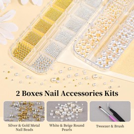 2 Boxes Metal Nail Beads and Resin Round Pearls with Tweezers and Brush Kit, Y2K 2-6mm 3D Round Pearls Balls, 0.8-3mm Gold Silver Small Caviar Beads Balls for Face Makeup Manicure Crafts(5-K2)