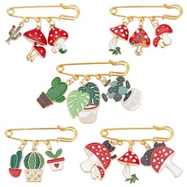 PH PandaHall 5PCS Stainless Steel Safety Pin Brooches, 5 Styles Alloy Enamel Brooches Fashion Sweater Shawl Clips Cactus Pot Mushroom Brooch Pins Jewelry for Clothing Dress Decoration Accessories