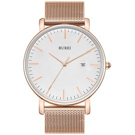 BUREI Men's Wrist Watches,Minimalist Analog Quartz Watches for Men with Mesh Band,Gifts for Men