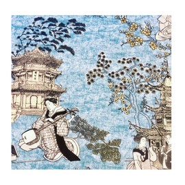 Geisha Japanese Pagoda Oriental Twill Floral Curtain Fabric Material - Blue, Mustard (Sample 10cm x 10cm)