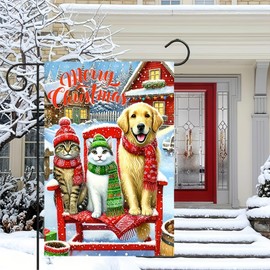 Merry Christmas Garden Flag 12x18 Double Sided Winter Cats and Dog Garden Flag Festive Holiday Outdoor Decoration Winter Yard Banner for Christmas Party