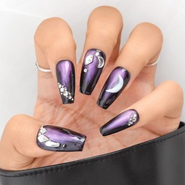 Sethexy Purple Long Ballerina Handmade Press On Nails Rhinestone Hand-Painted False Nails Shiny Acrylic False Nails Salon Quality for Women and Girls 20 Pieces (O)