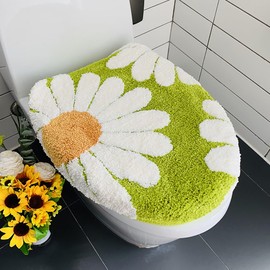 Dotesy 2 PCS Daisy Flower Toilet Lid Cover Plush Toilet Seat Cushion Pad for Bathroom Velvet Non-Slip Toilet Mat Set Easy Care with Elastic Bottom Universal Fit Warmer Thicker Soft (Grass Green)
